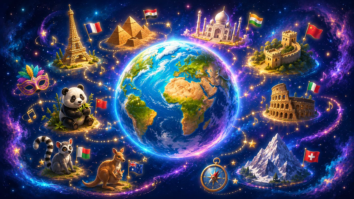 GlobeRangers world adventure with landmarks, animals, flags and a glowing globe