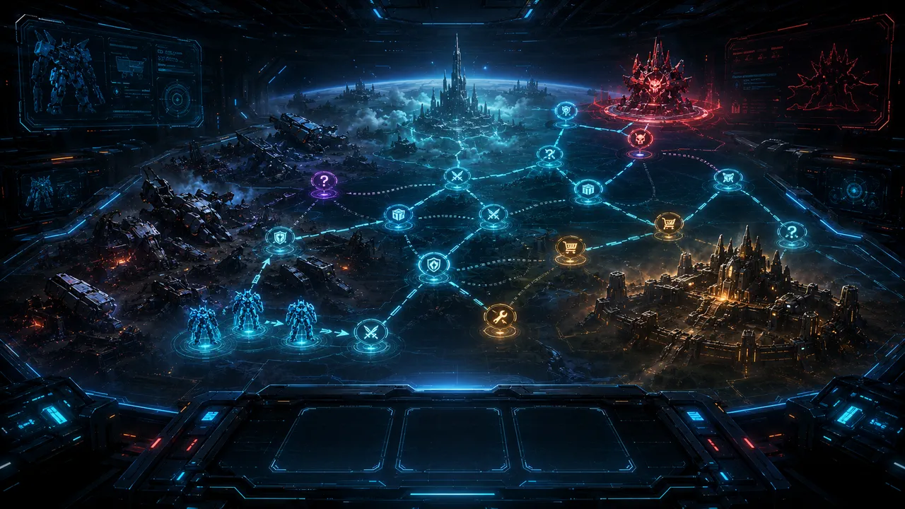 LaneLock Protocol campaign map with branching battle, market, upgrade and mystery nodes