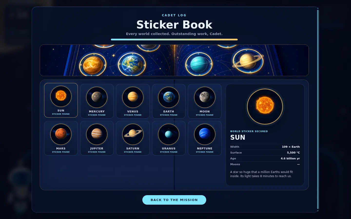 Completed Orbit Academy Cadet Log with stickers for the Sun, Moon and eight planets