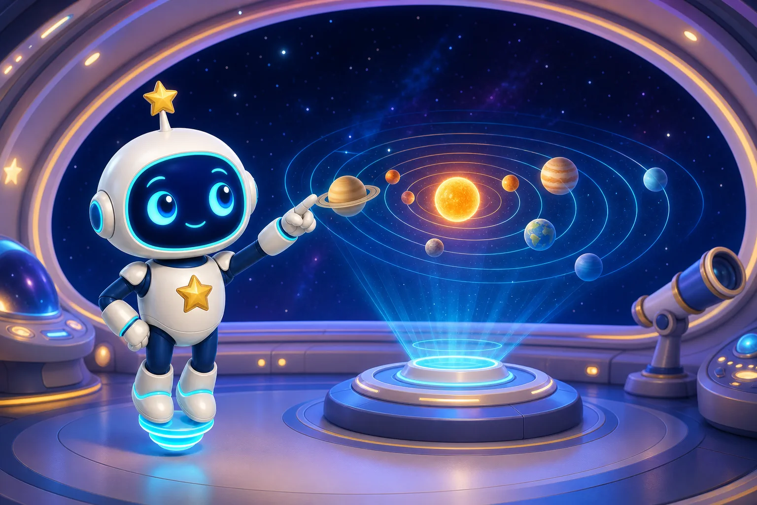 Lumi pointing toward a glowing solar-system model inside the Orbit Academy observatory