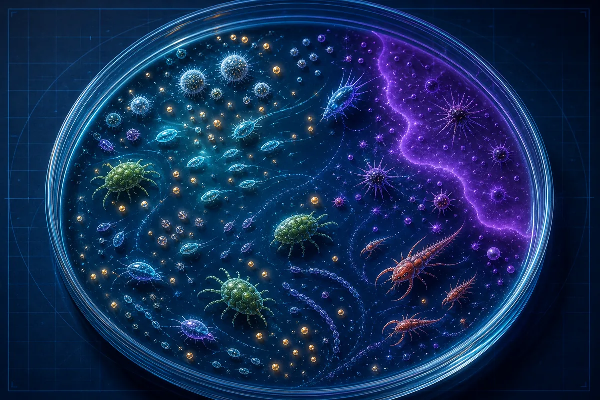 Different organism lineages competing for nutrients around an acidic hazard zone