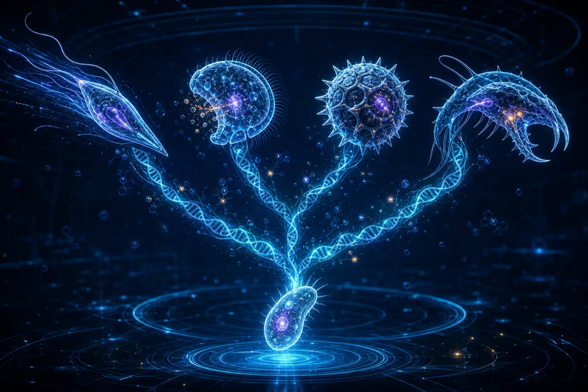 A primordial organism branching into four specialized evolutionary forms
