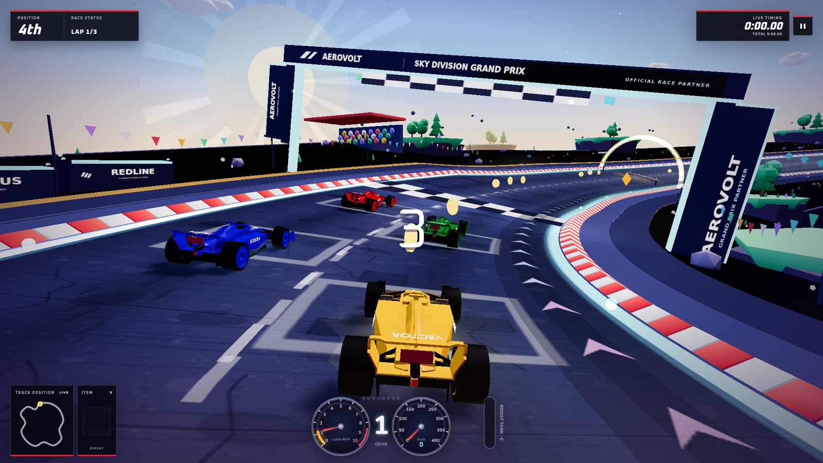 Sky Division cars lining up beneath the start gantry