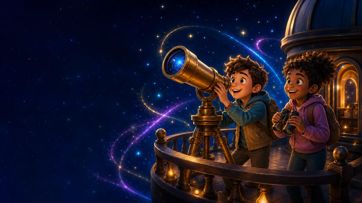 Two young GlobeRangers exploring the stars with a telescope and binoculars