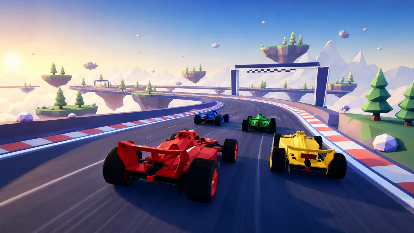 Four open-wheel cars racing above the clouds in SkyDivision