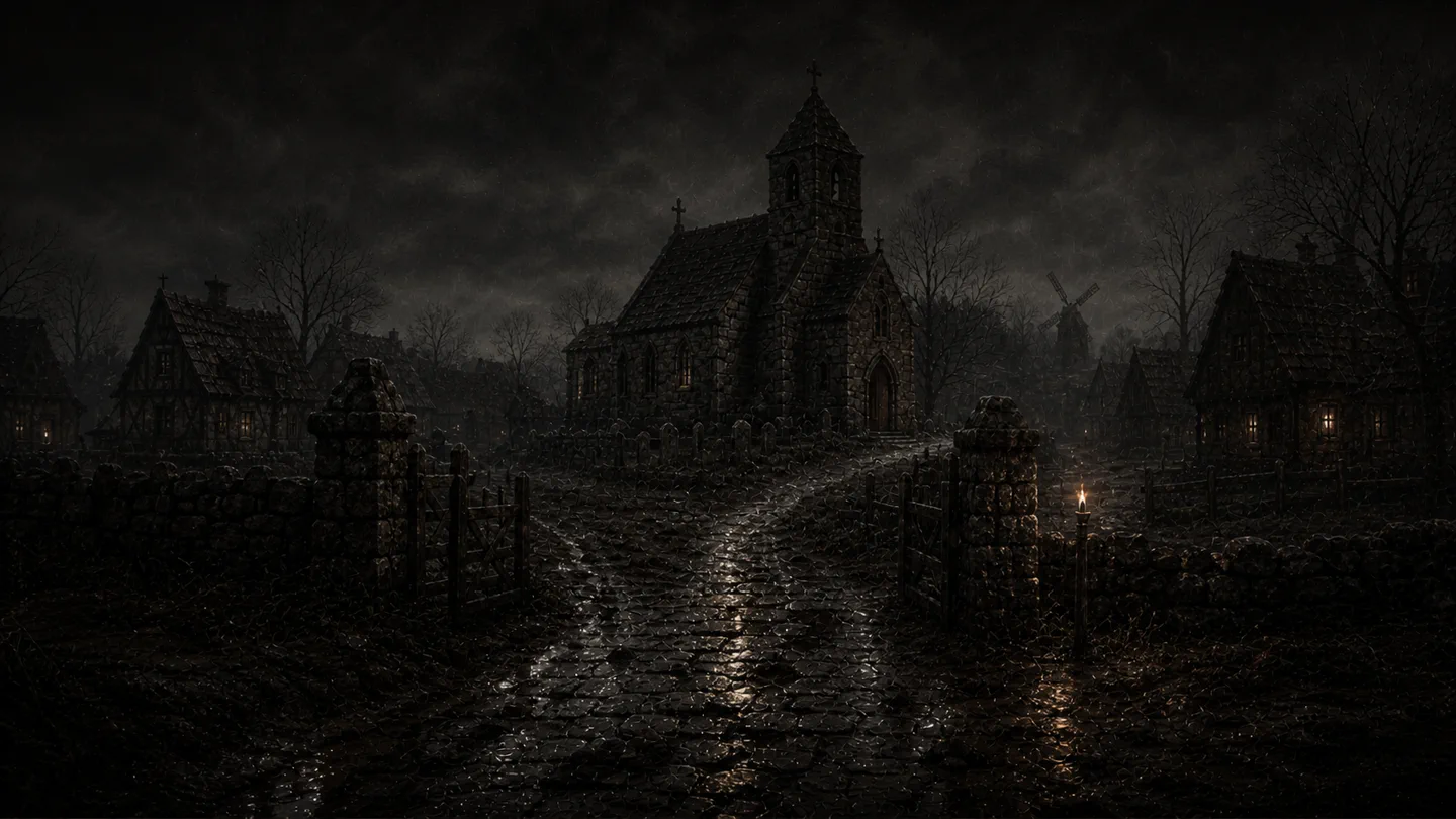 A rain-soaked road leading toward a dark seventeenth-century chapel in The Parish